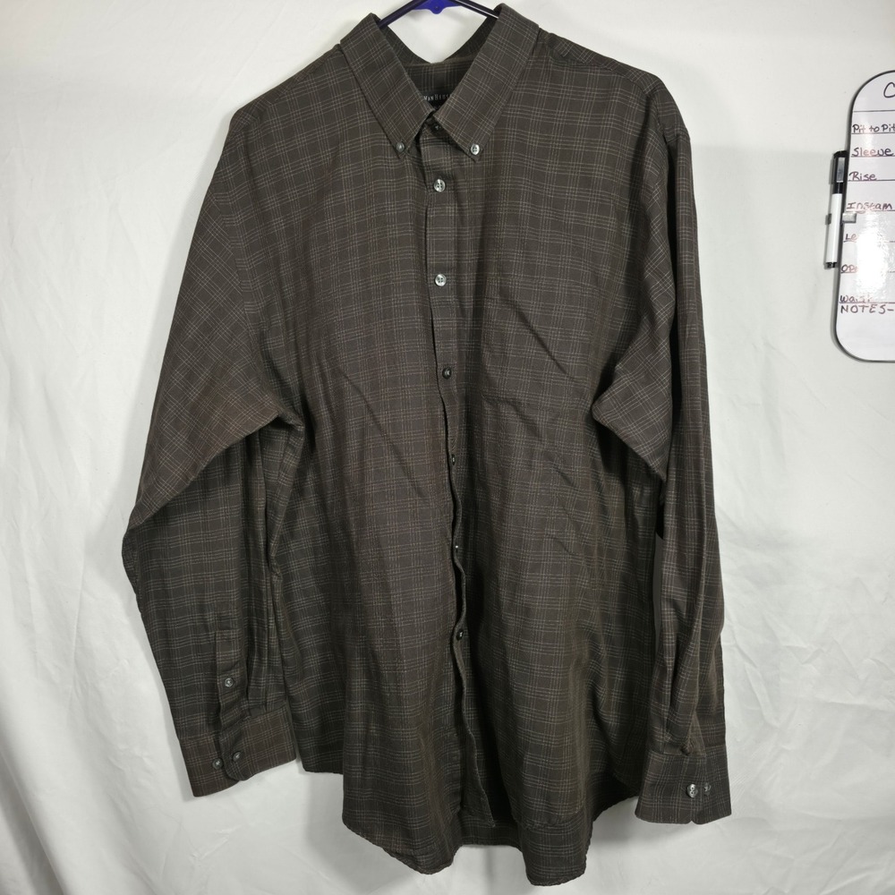Van Heusen Button Down Shirt Mens XL Brown Excellent Grid Pattern Long Sleeve